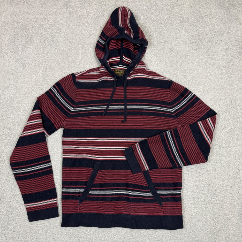 Lucky Brand Mens Striped Knit Hoodie Red Navy Blue Pullover‎ 7MD5267 Size M